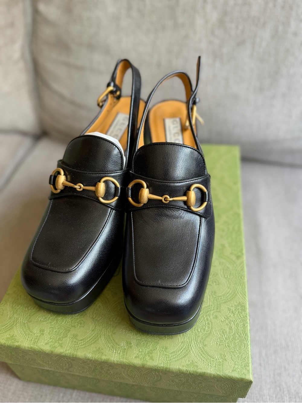 Gucci Black Slingback Platform Loafer Heels with Gold Bit - Picture 2 of 4